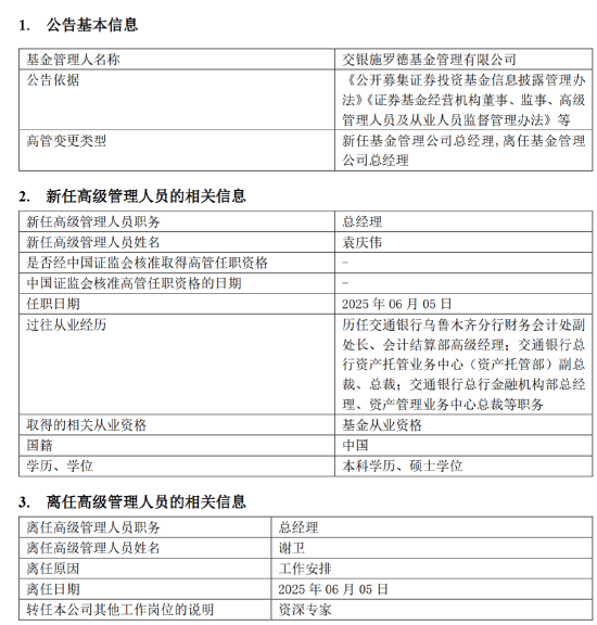 千亿基金“换帅”：(🌺)27年老将谢卫转任专家，袁庆伟接任(🎗)总经理